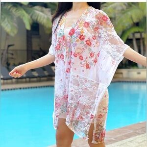 Brittany Black Kimono 2X Romantic Floral Lace Sheer Cardigan Robe Soft Pink